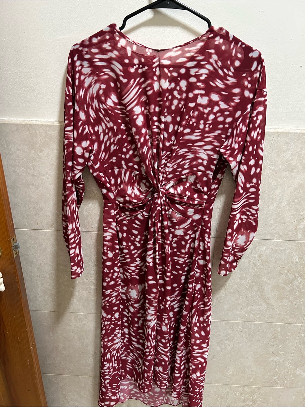 Maje Burgundy & White Knot-Front Long Sleeve Dress